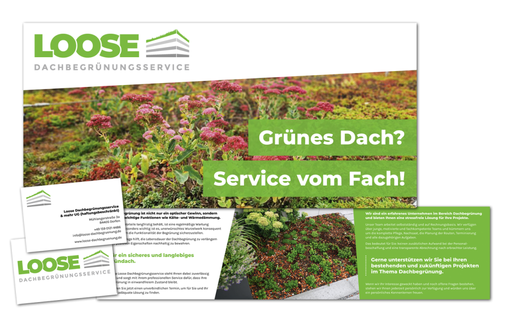 Flyer- und Visitenkarten-Layout für die Gründach-Dienstleister